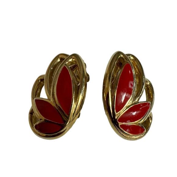 Vintage Trifari Red Enamel Goldtone Clip On Earrings - Picture 9 of 9